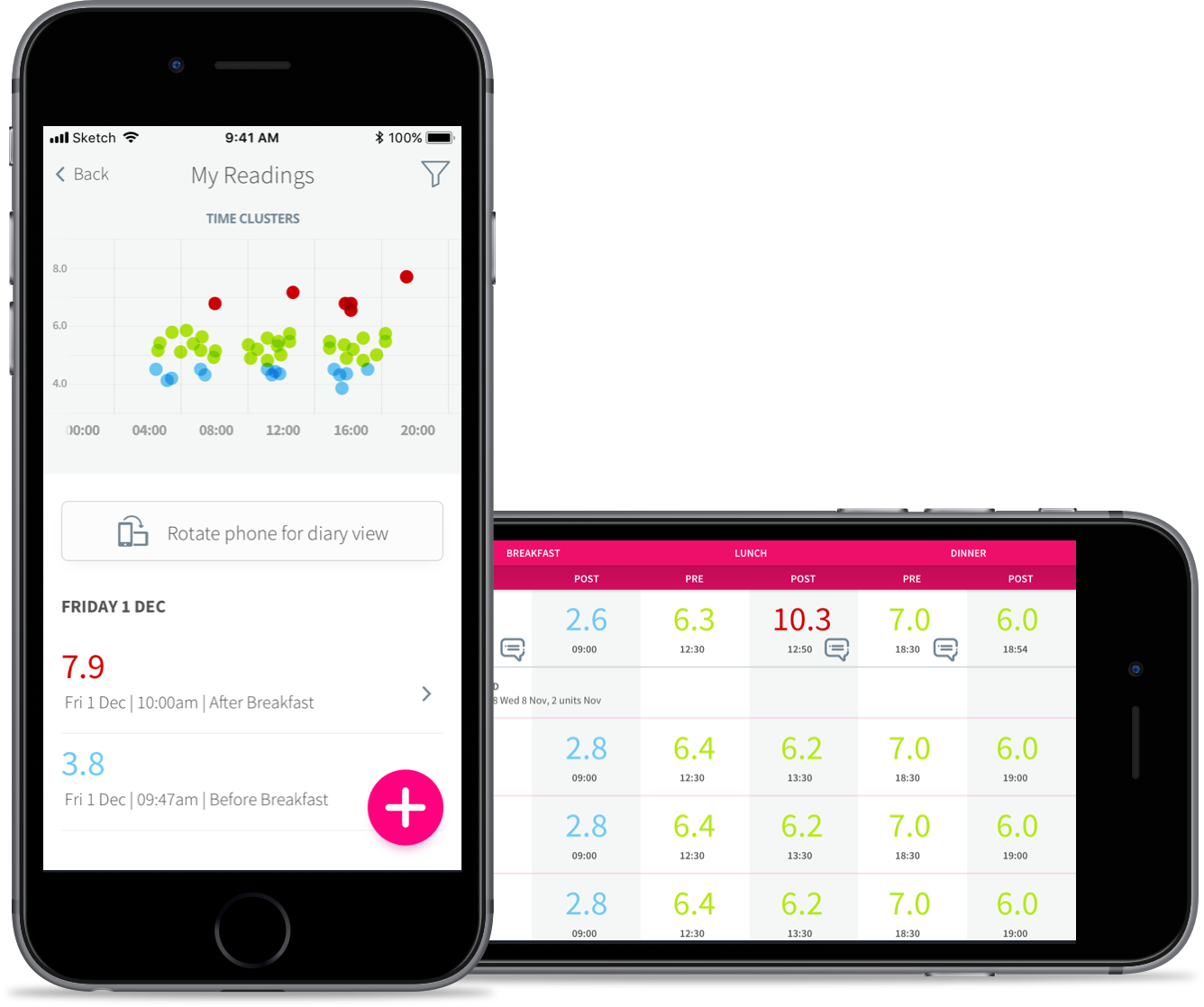 Two iPhones showing the GDm-Health app