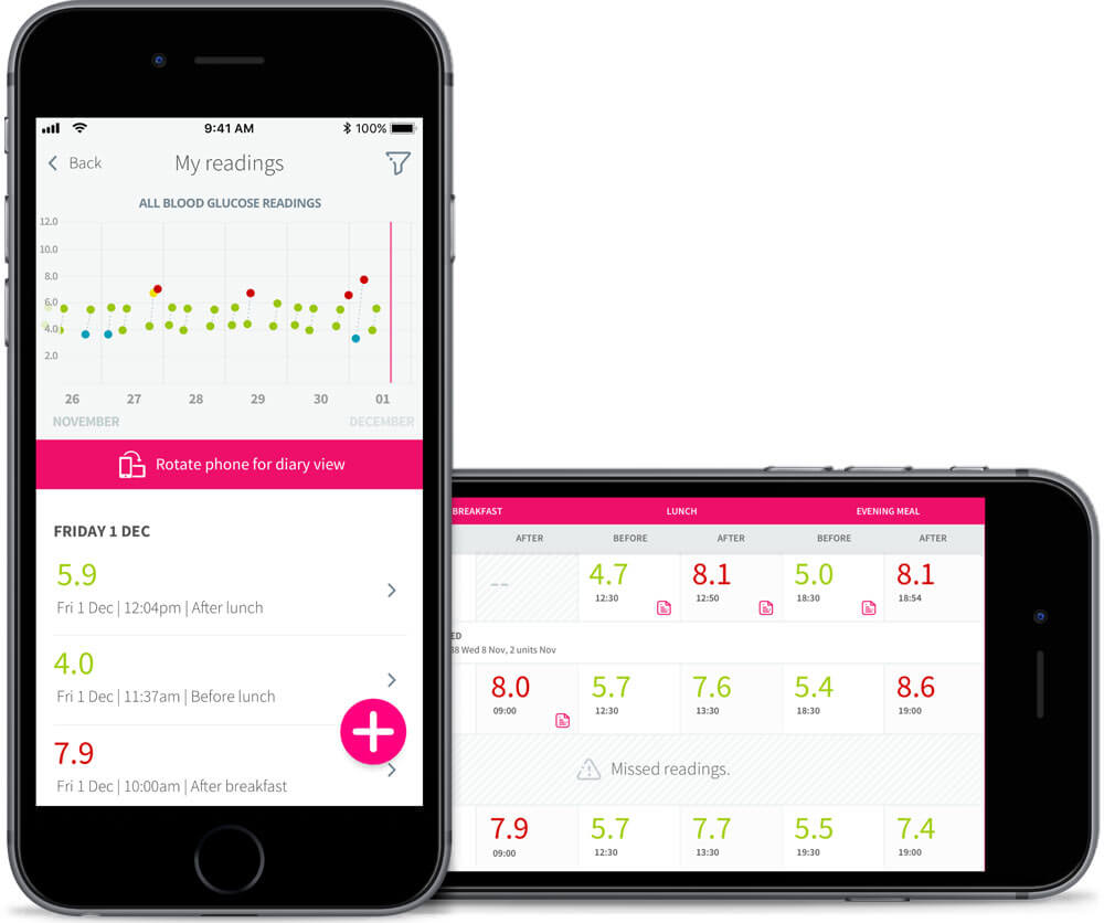 Two iPhones showing the GDm-Health app