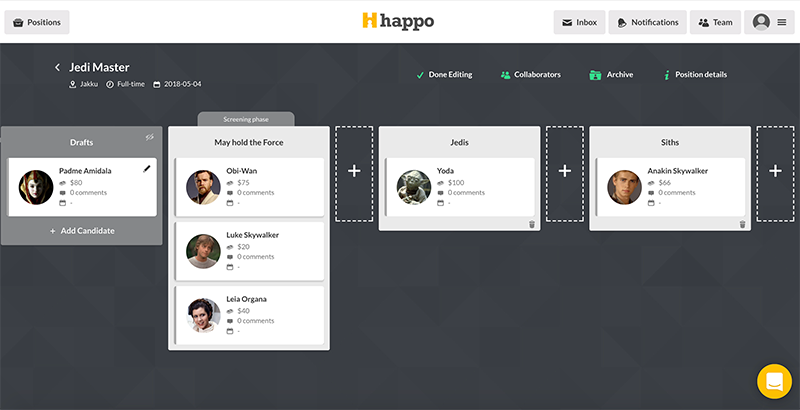Customize your recruitment pipeline in Happo