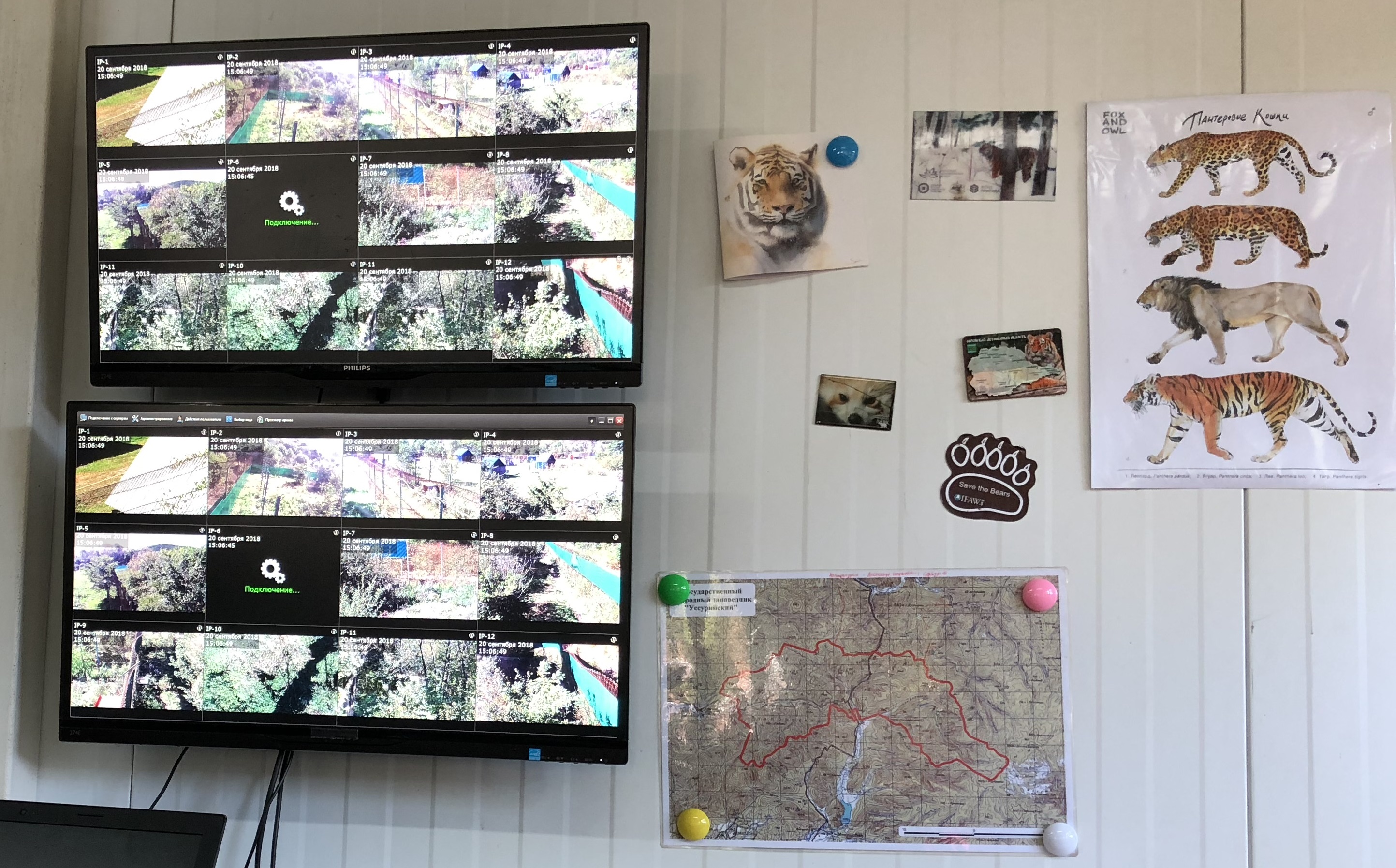 Wall of CCTV monitoring the animals