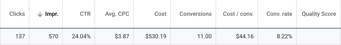 PPC Google ads dashboard and metrics