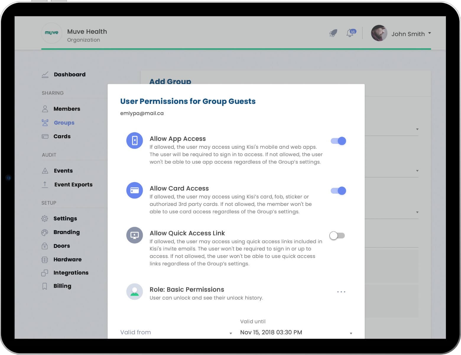 Kisi software licence to manage access remotely.
