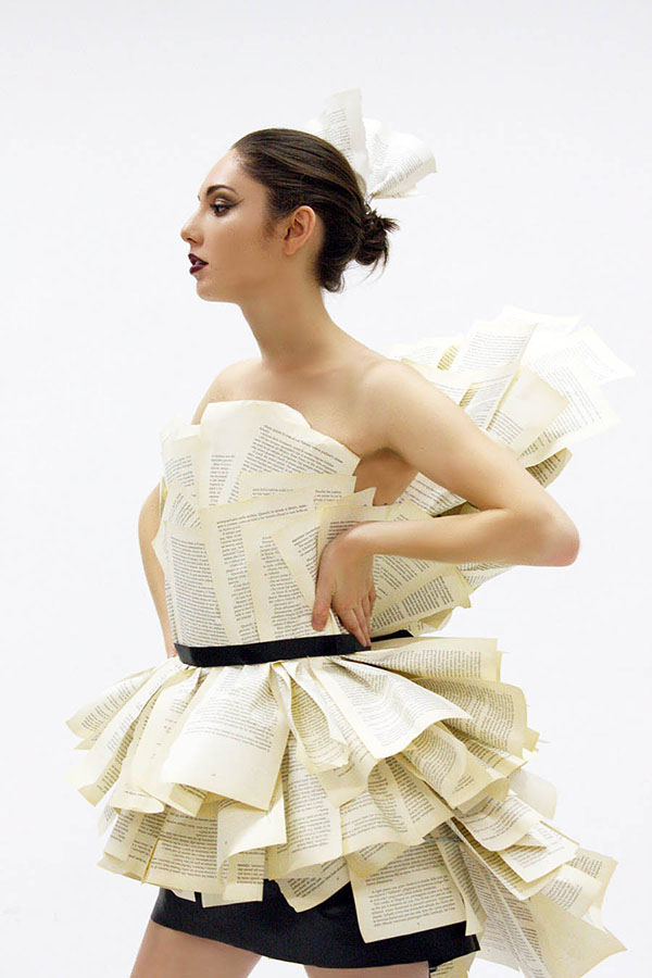 model wearing paper dress.