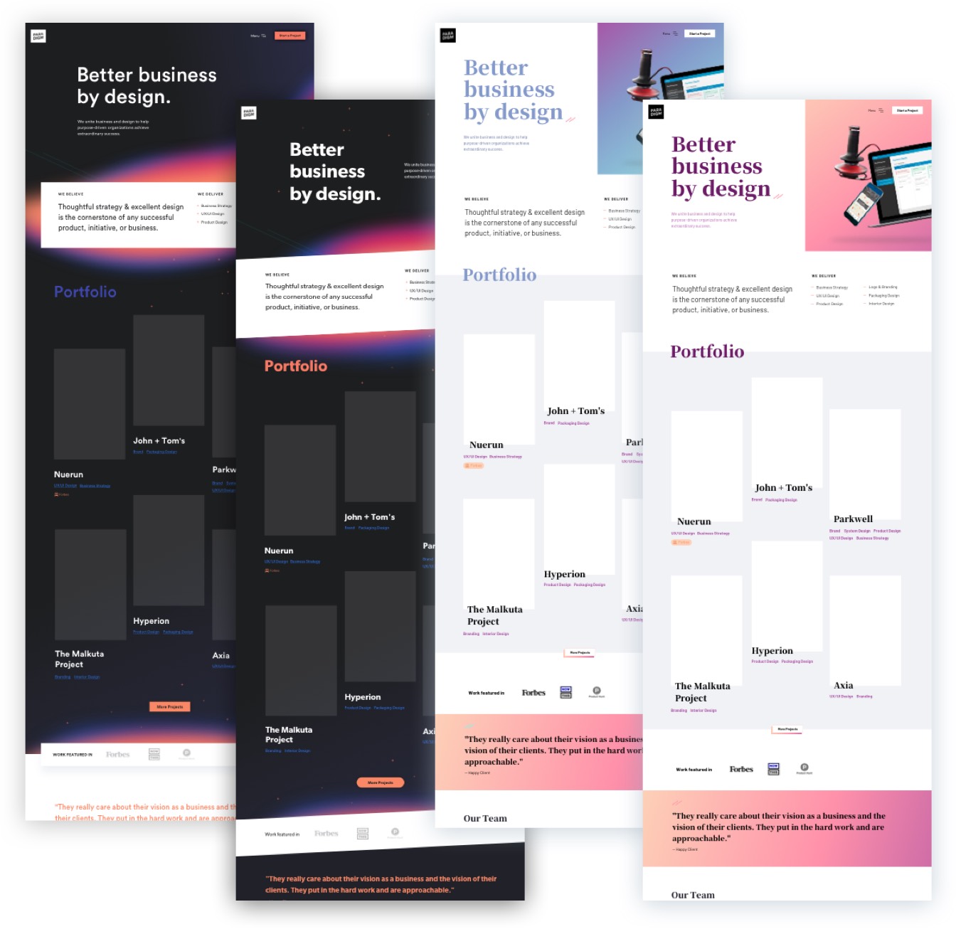 Visual iterations of websites with dark and light options.