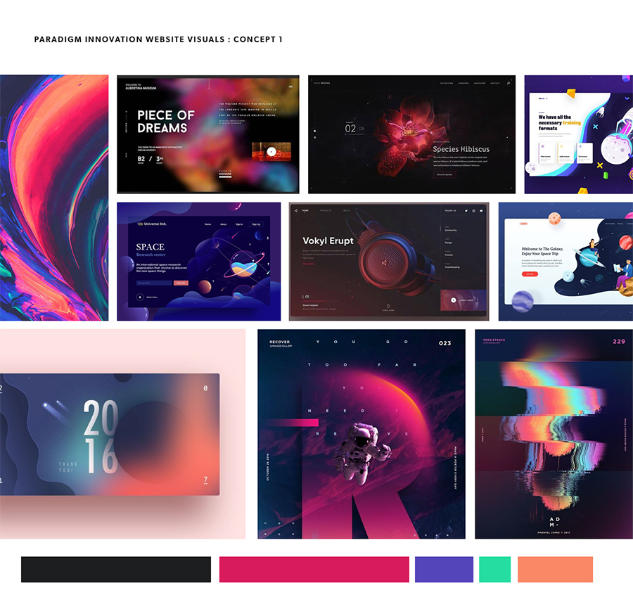 Mood board of space and gradients, dark mode.
