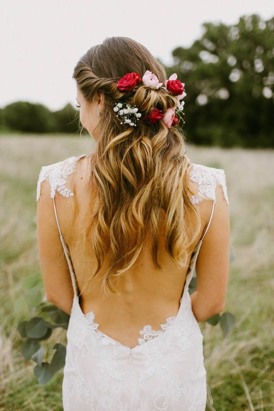 Half updo with curls and flowers - bridal hair