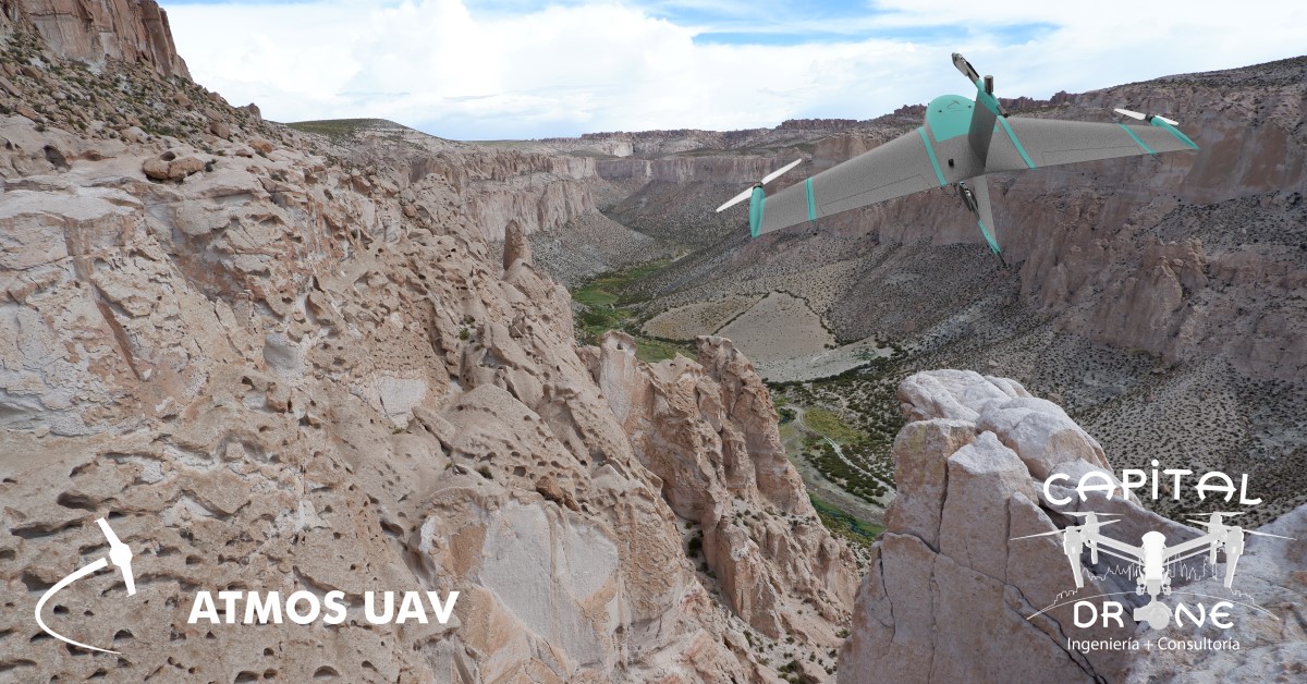 Illustration of the Marlyn VTOL Fixed-Wing Drone flying over mountains in Bolivia
