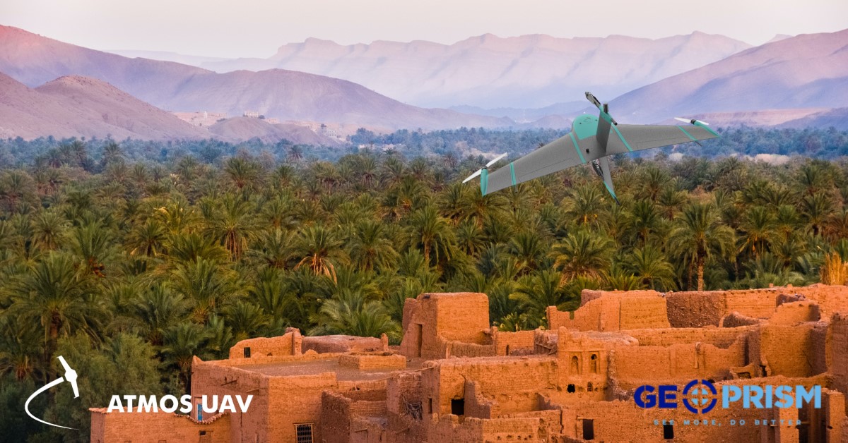 Illustration of the Marlyn VTOL Fixed-Wing Drone flying over Morocco