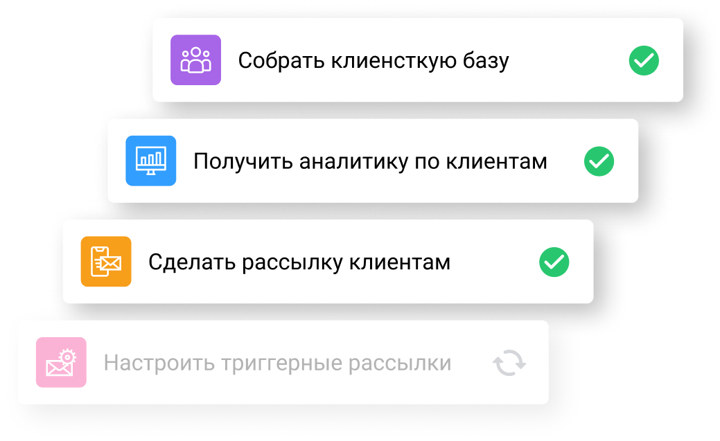 Пункты:
-Собрать клиентскую базу
- Получить аналитику по клиентам
- Сделать рассылку клиентам