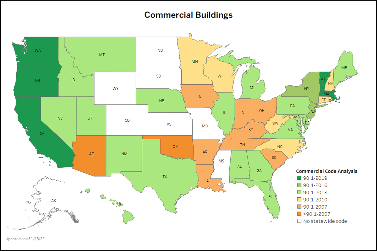 US State Map of Commercial State ASHRAE 90.1 Adoption