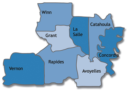 Map of Avoyelles, Catahoula, Concordia, Grant, La Salle, Rapides, Vernon and Winn Parishes in Louisiana