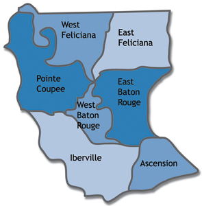 Map of Ascension, East Baton Rouge, East Feliciana, Iberville, Pointe Coupee, West Baton Rouge and West Feliciana parishes in Louisiana