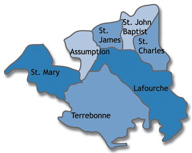 Map of Assumption, Lafourche, St. Charles, St. James, St. John the Baptist, St. Mary and Terrebonne parishes in Louisiana