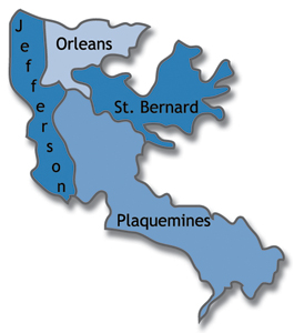 Map of Jefferson, Orleans, Plaquemines and St. Bernard parishes in Louisiana.