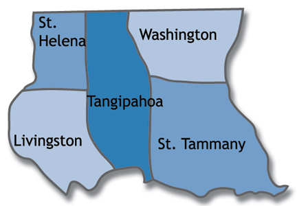 map of Livingston, St. Helena, St. Tammany, Tangipahoa and Washington parishes in Louisiana