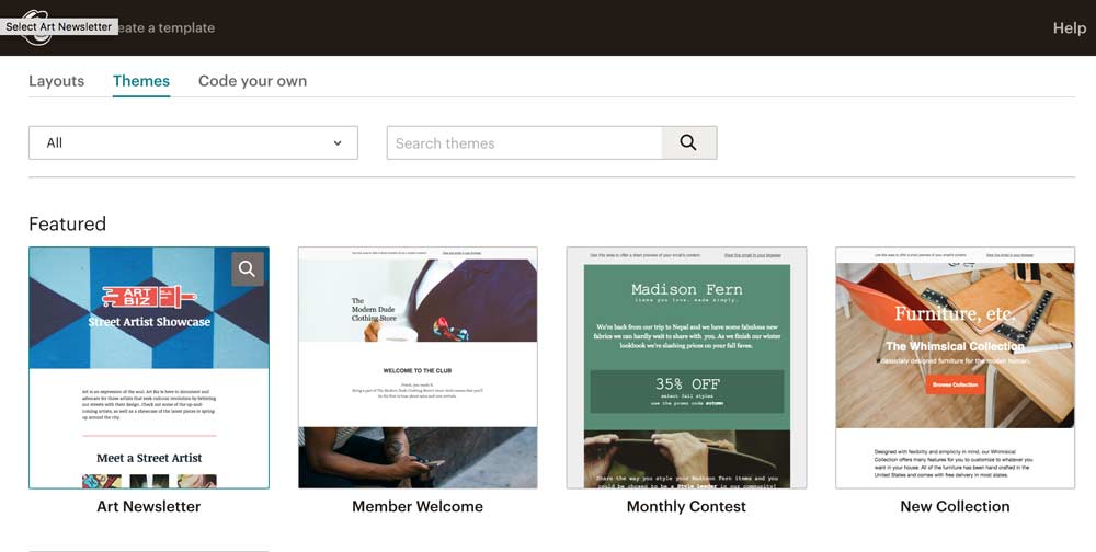 Mailchimp Pre-made theme examples for email marketing
