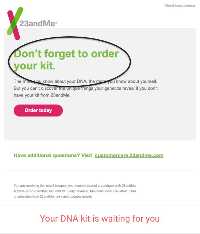 Email header example from 23andMe