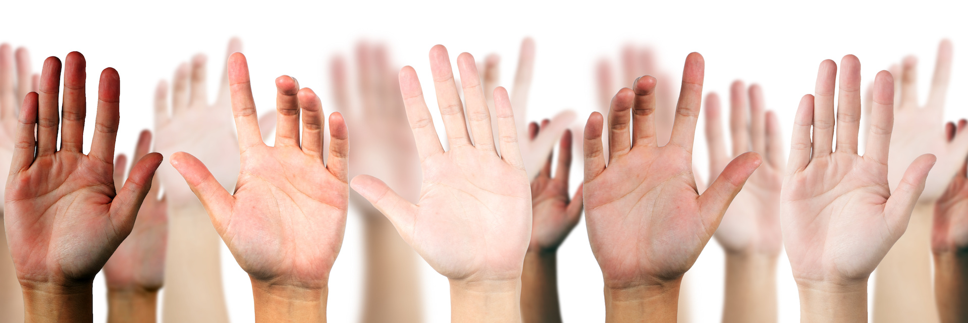 A group with their hands raised offering to volunteer