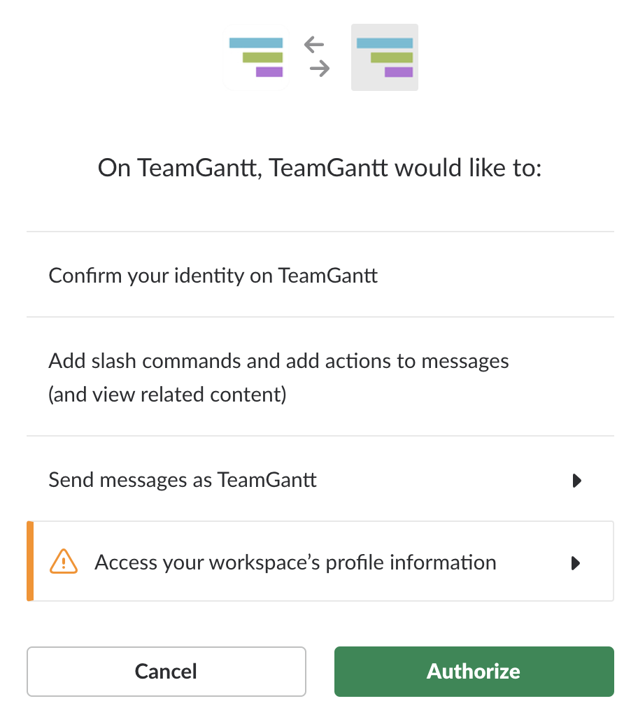 Authorizing the TeamGantt for Slack integration