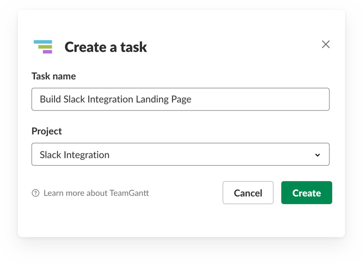 Creating a new TeamGantt task using slash commands