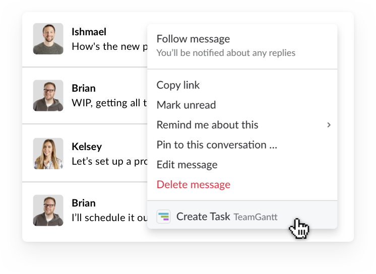 Creating a new TeamGantt task using Slack actions