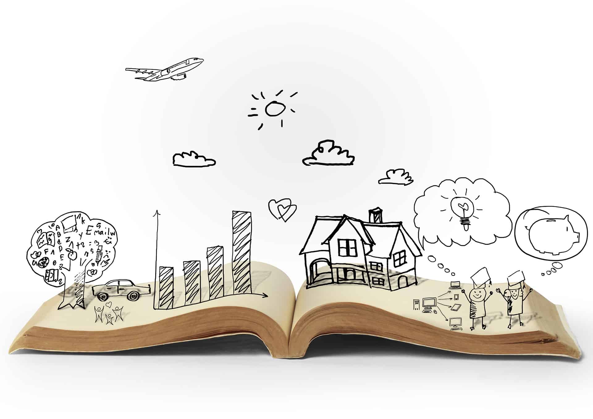 Graphic of an open book with hand drawn elements of a story coming to life.