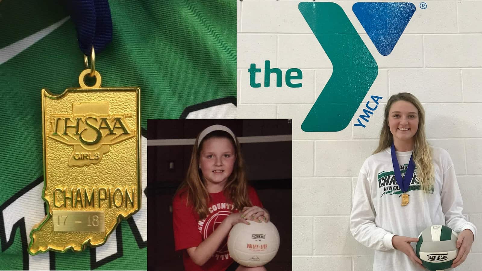 A collage of Merissa holding a volleyball at 9 years old through her senior year next to an shot of her state championship medal.