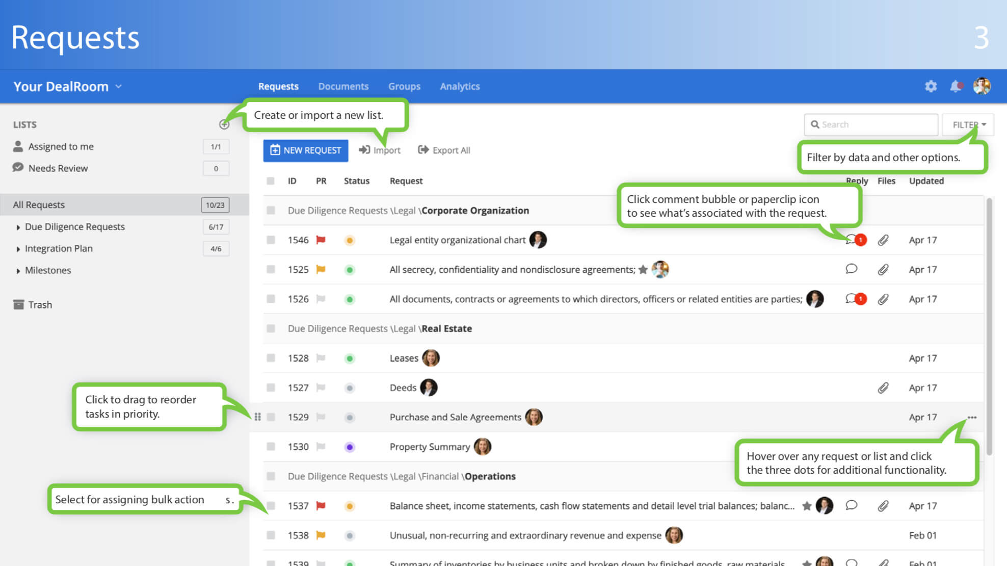 virtual data room requests tab