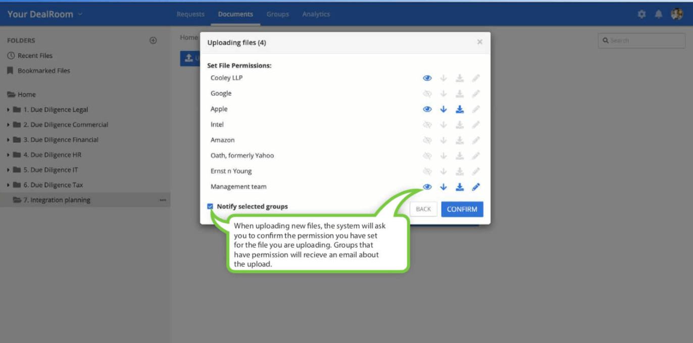 virtual data room upload file permissions