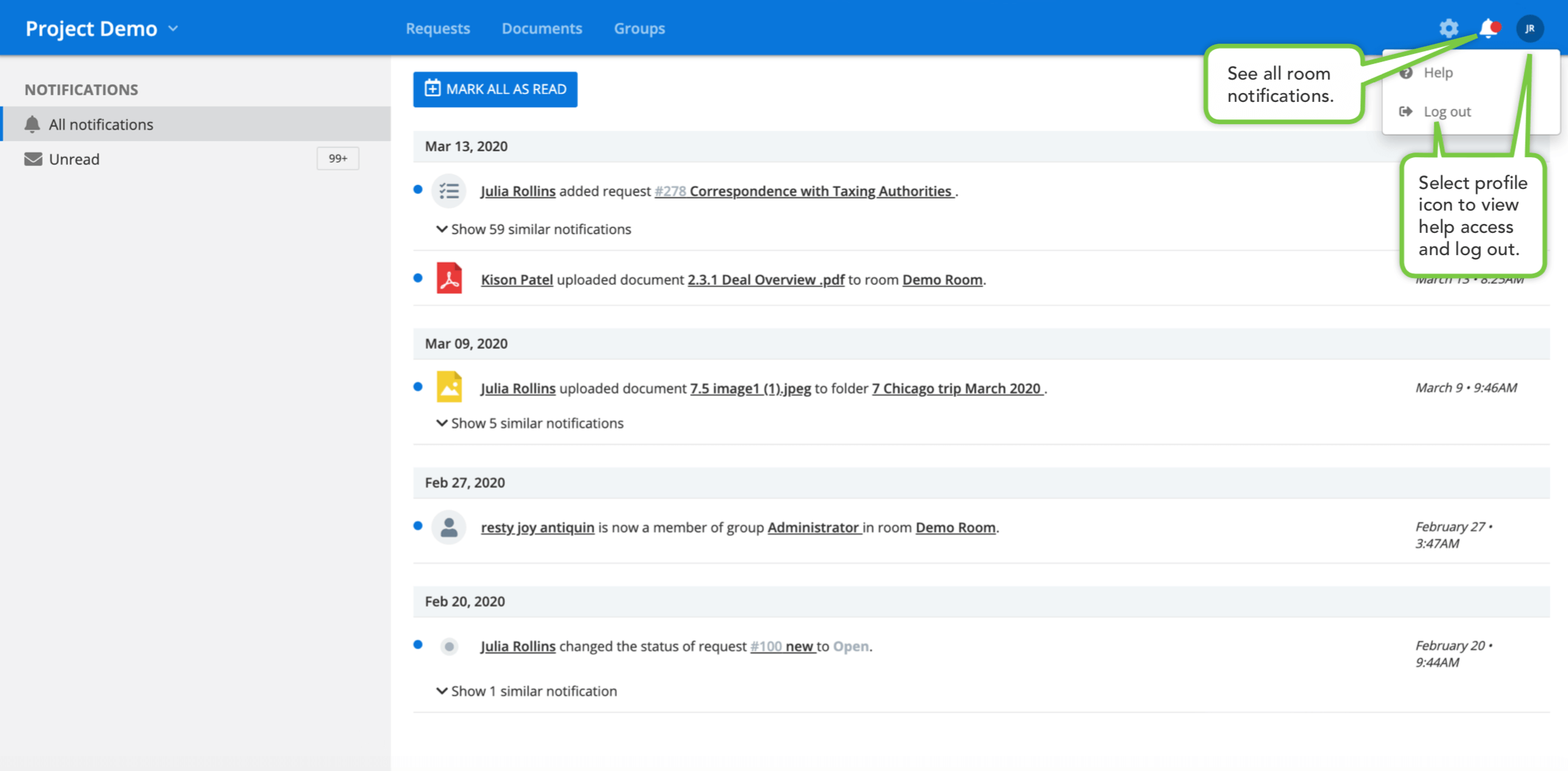 VDR user notifications and help