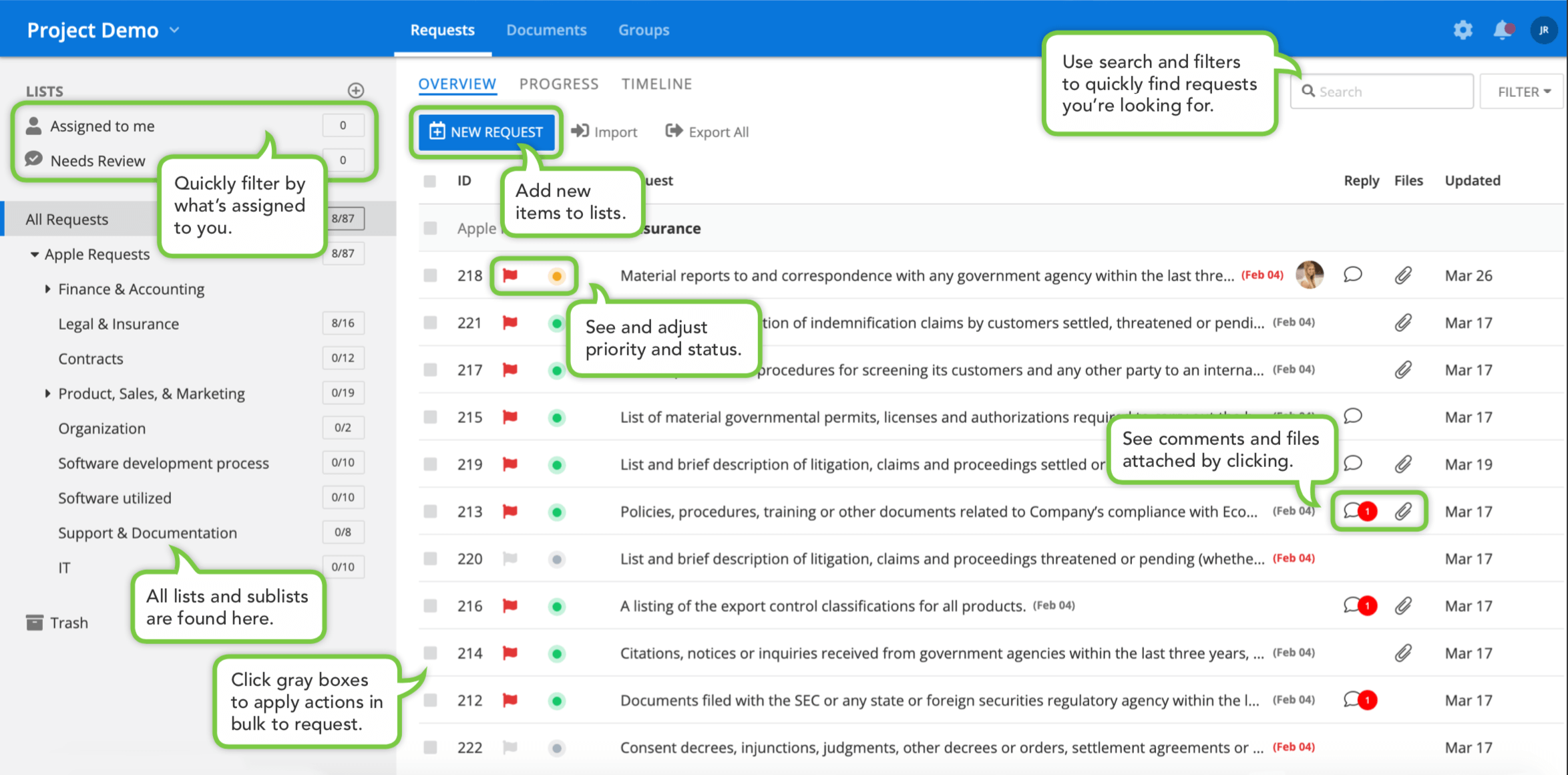 diligence management platform main tab