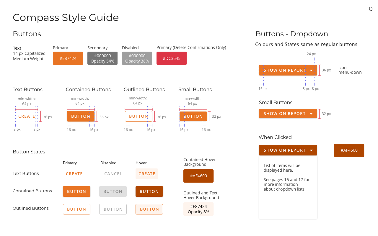 A page from a style guide stating specs for different buttons.
