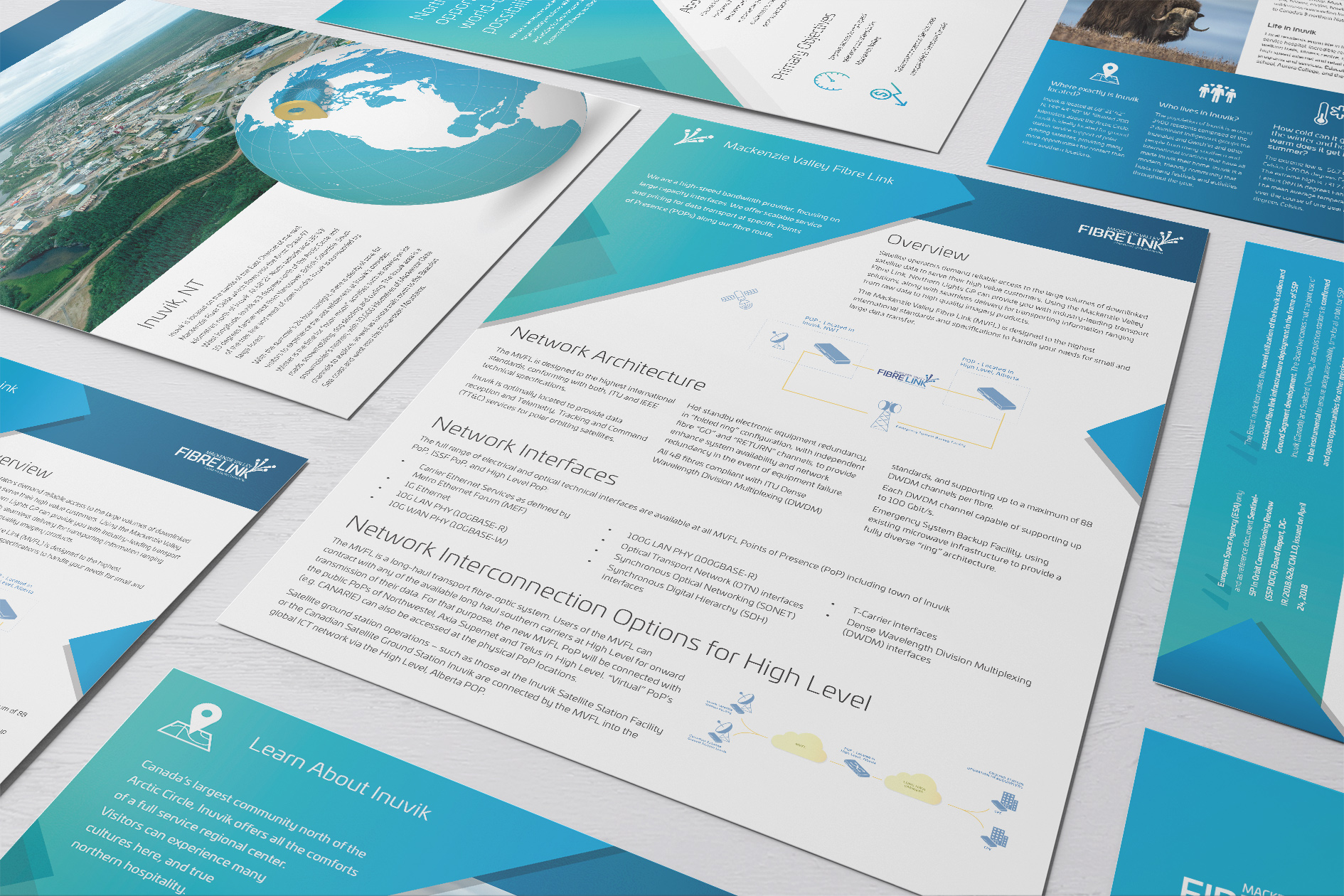 Photo of printed flat sheets designed for the Mackenzie Valley Fibre Link trade show tour.