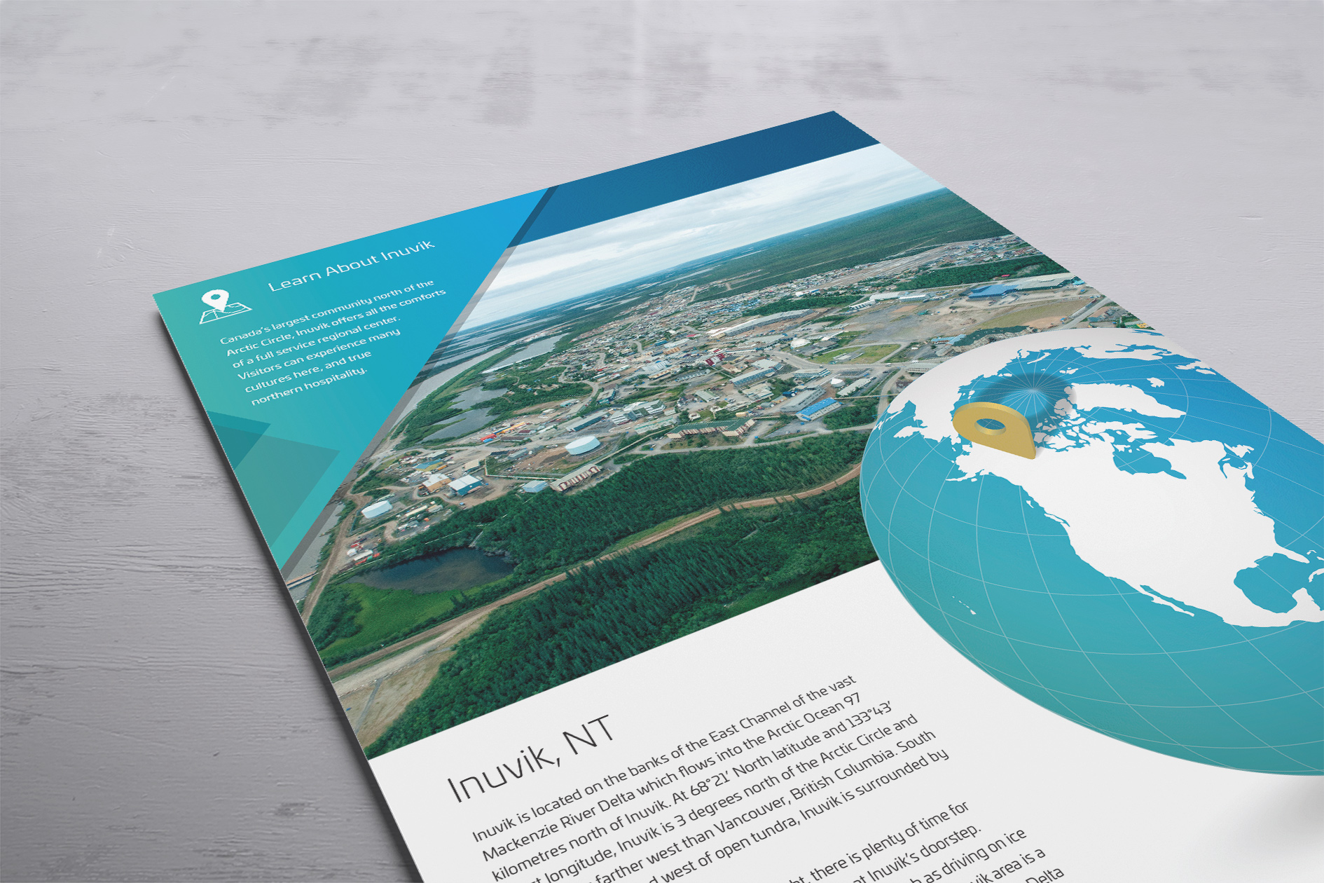 Close up photo of printed flat sheet designed for the Mackenzie Valley Fibre Link trade show tour.