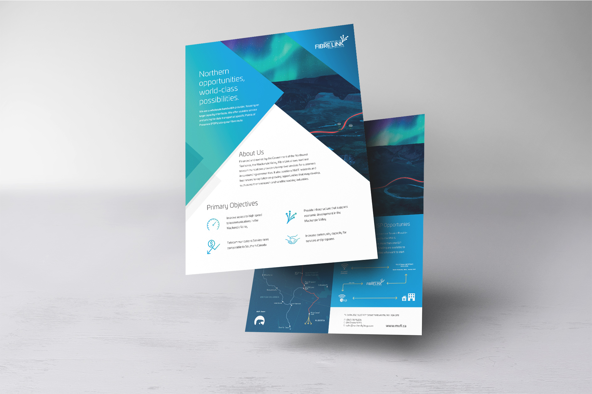 Photo of printed flat sheet designed for the Mackenzie Valley Fibre Link trade show tour.