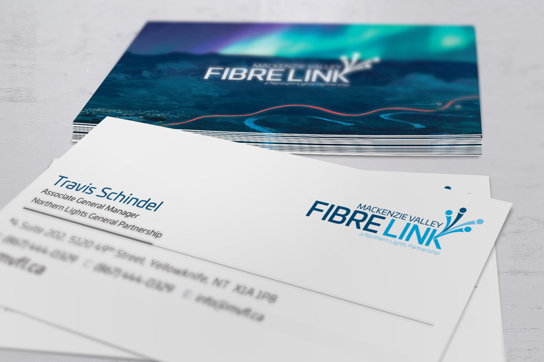 Close up photo of business cards for the Mackenzie Valley Fibre Link.