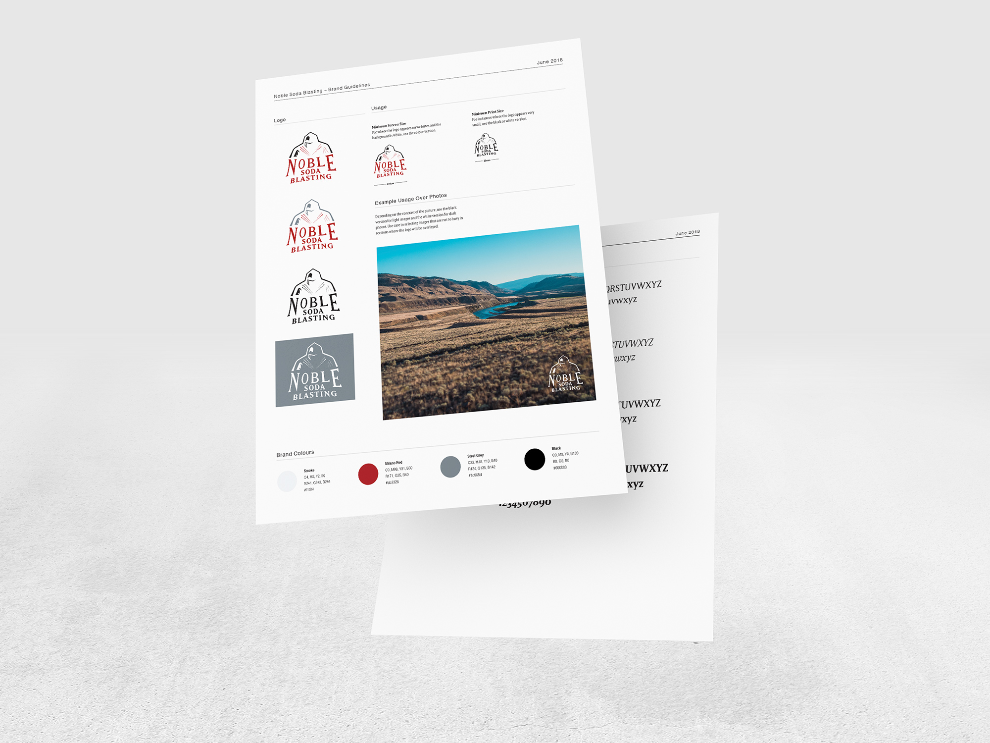 Sample of brand guidelines front and back with logo versions, colour pallet, and fonts.