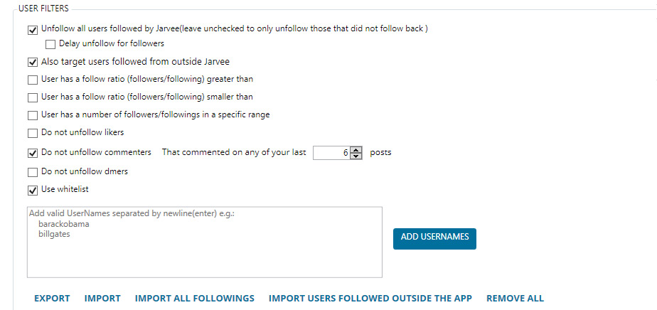 Jarvee Unfollow User Filters