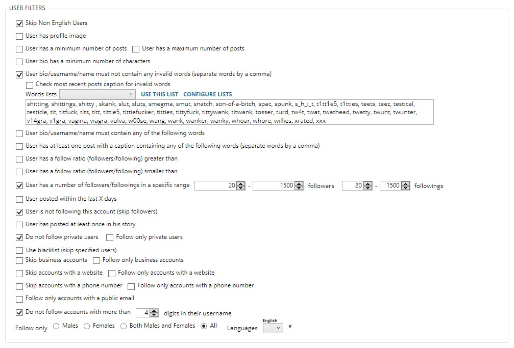 Jarvee follow user filter settings