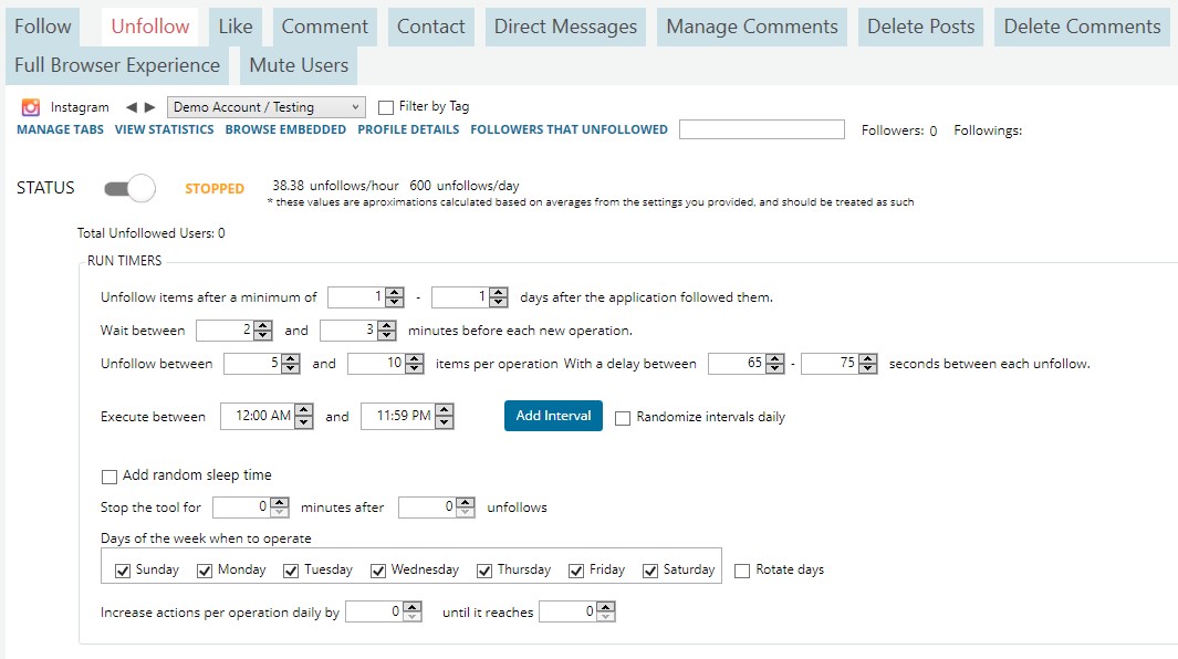 Jarvee unfollow run timers settings