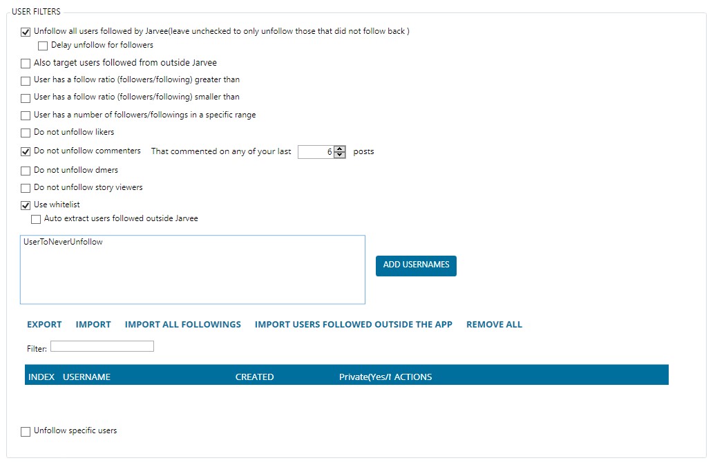 Jarvee unfollow user filters settings