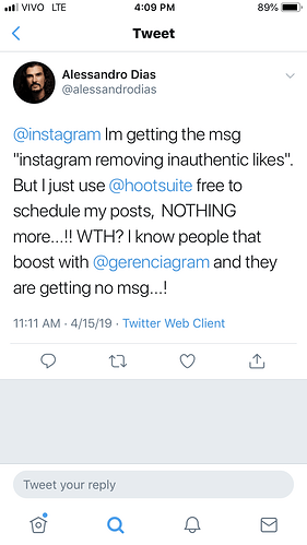 Twitter: someone getting the Instagram inauthentic likes notification using hootsuite