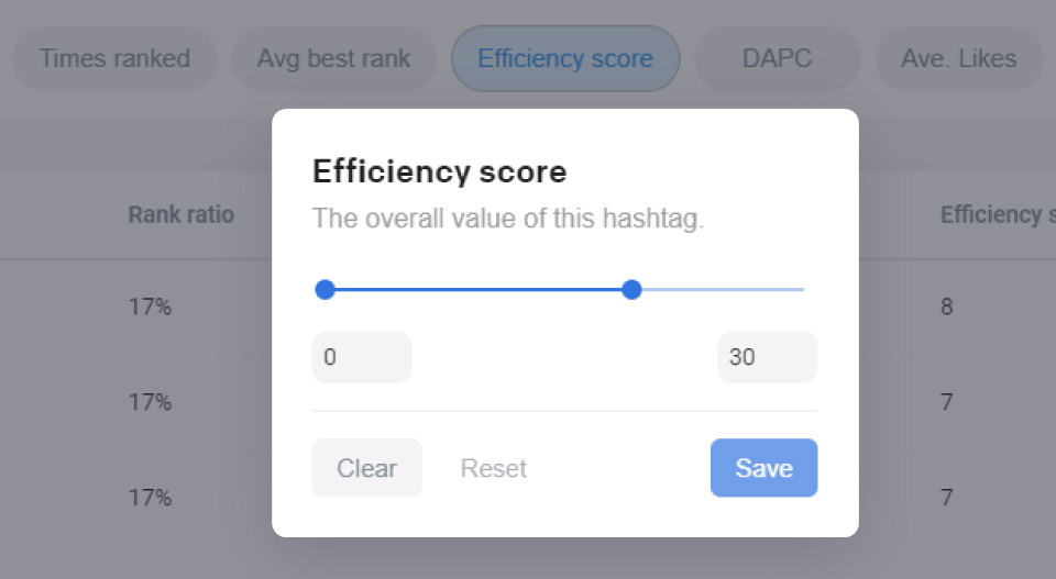 Setting Efficiency score to 0-30 in Flicks hashtag filters