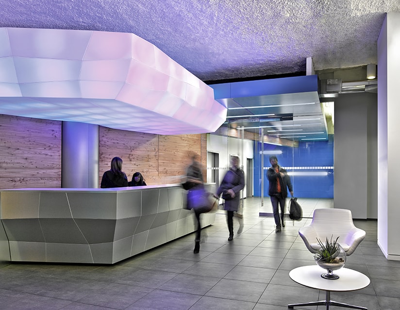 The offices for Rocket Fuel in Manhattan posed an interesting challenge as the artificial intelligence marketing company was growing so quickly, the location and size of the project changed several times during the design process. The resulting design is a dynamic juxtaposition of elements from the SF Headquarters to remain on brand while incorporating new materials and forms to celebrates the unique New York location. A bright color palette was utilized to accentuate the unique departments and sub- group within the space.
