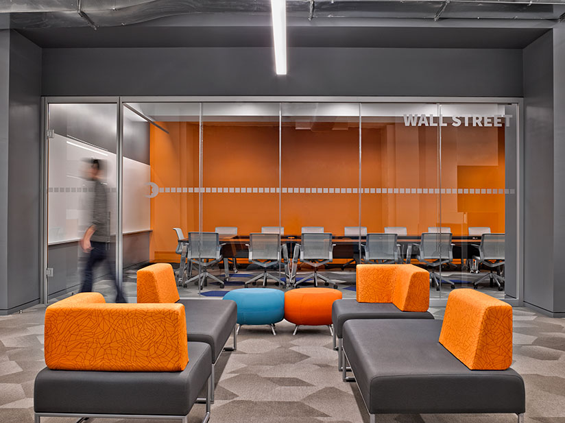 The offices for Rocket Fuel in Manhattan posed an interesting challenge as the artificial intelligence marketing company was growing so quickly, the location and size of the project changed several times during the design process. The resulting design is a dynamic juxtaposition of elements from the SF Headquarters to remain on brand while incorporating new materials and forms to celebrates the unique New York location. A bright color palette was utilized to accentuate the unique departments and sub- group within the space.