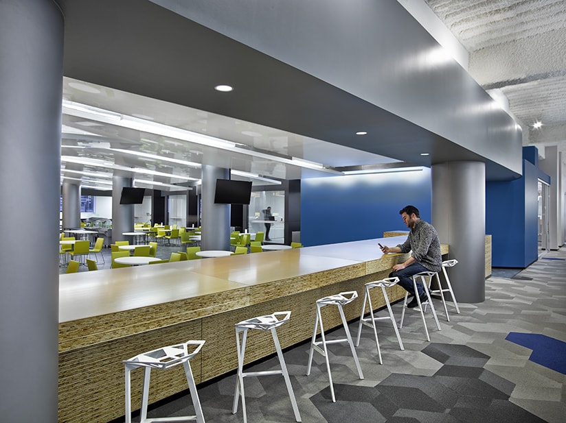The offices for Rocket Fuel in Manhattan posed an interesting challenge as the artificial intelligence marketing company was growing so quickly, the location and size of the project changed several times during the design process. The resulting design is a dynamic juxtaposition of elements from the SF Headquarters to remain on brand while incorporating new materials and forms to celebrates the unique New York location. A bright color palette was utilized to accentuate the unique departments and sub- group within the space.