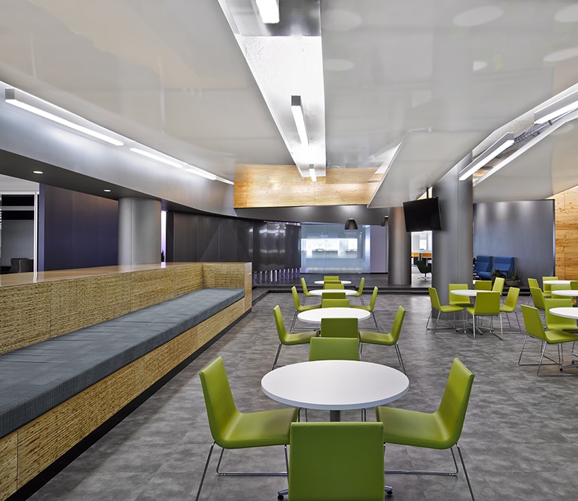 The offices for Rocket Fuel in Manhattan posed an interesting challenge as the artificial intelligence marketing company was growing so quickly, the location and size of the project changed several times during the design process. The resulting design is a dynamic juxtaposition of elements from the SF Headquarters to remain on brand while incorporating new materials and forms to celebrates the unique New York location. A bright color palette was utilized to accentuate the unique departments and sub- group within the space.