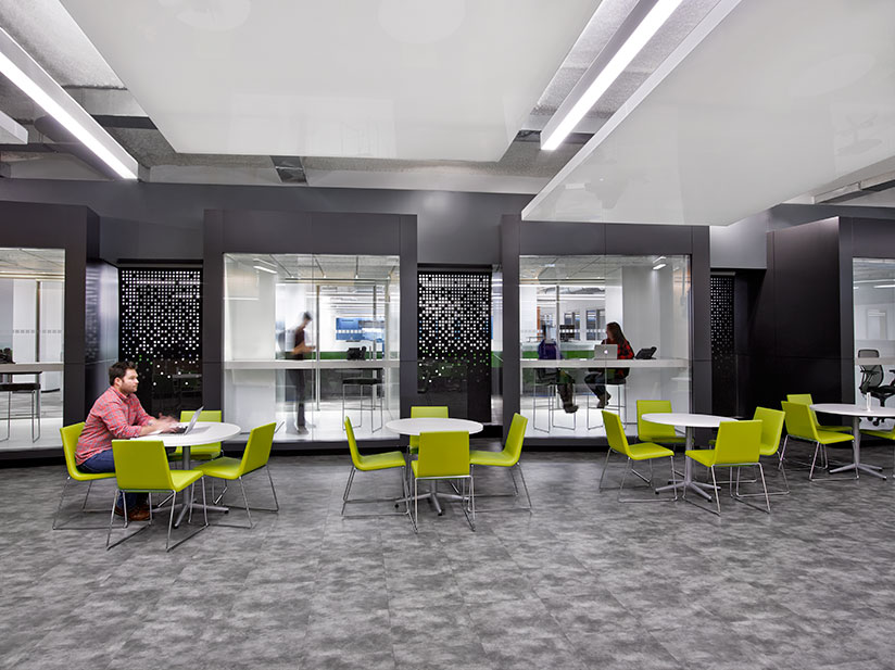 The offices for Rocket Fuel in Manhattan posed an interesting challenge as the artificial intelligence marketing company was growing so quickly, the location and size of the project changed several times during the design process. The resulting design is a dynamic juxtaposition of elements from the SF Headquarters to remain on brand while incorporating new materials and forms to celebrates the unique New York location. A bright color palette was utilized to accentuate the unique departments and sub- group within the space.
