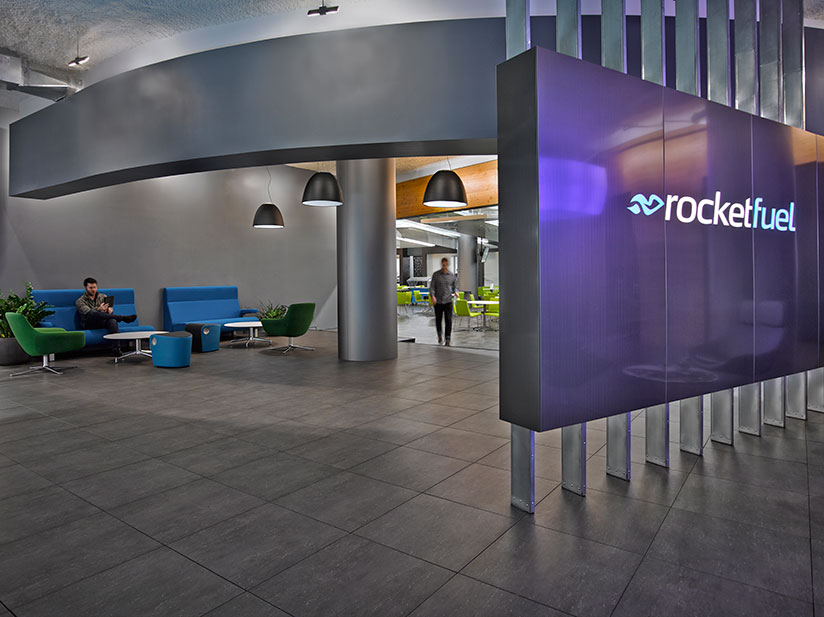 The offices for Rocket Fuel in Manhattan posed an interesting challenge as the artificial intelligence marketing company was growing so quickly, the location and size of the project changed several times during the design process. The resulting design is a dynamic juxtaposition of elements from the SF Headquarters to remain on brand while incorporating new materials and forms to celebrates the unique New York location. A bright color palette was utilized to accentuate the unique departments and sub- group within the space.