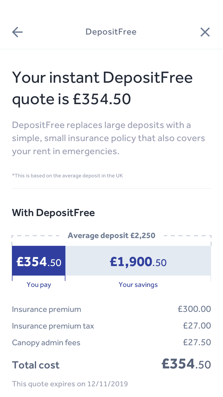 Canopy Deposit Free quote app screen